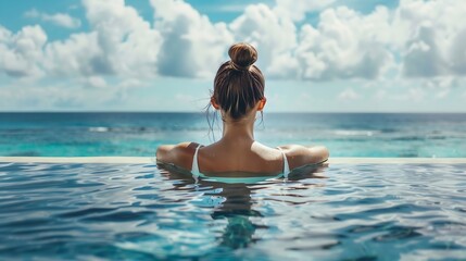 Happy woman in white swimsuit swimming in infinity pool at luxury hotel against ocean front young female enjoy in tropical resort Relaxing summer  travel holiday vacation and weekend c : Generative AI