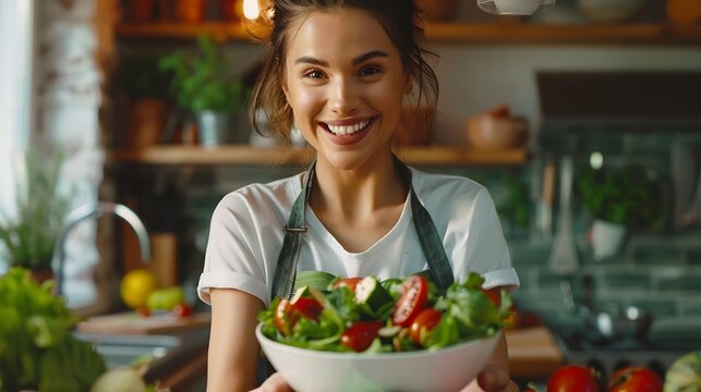 Latino attractive woman wear apron cook green salad in kitchen at home Young beautiful girl feeling happy and enjoy eating vegetables healthy foods to diet and lose weight for health c : Generative AI