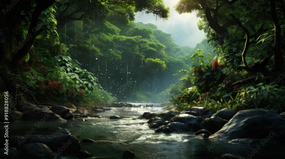 Poster a tranquil rainforest stream flows through lush foliage, sunbeams filtering through the canopy creat