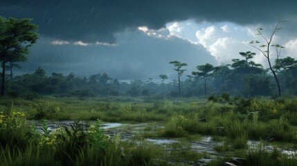 A tranquil forest stream flows through lush greenery under a dramatic sky, as rain falls gently on the landscape.