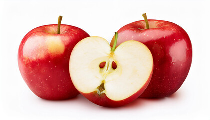 red apple fruit, slice and half isolated on white background