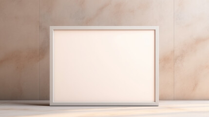 A blank frame stands on a table, surrounded by soft lighting, inviting creativity and decoration ideas, copy space