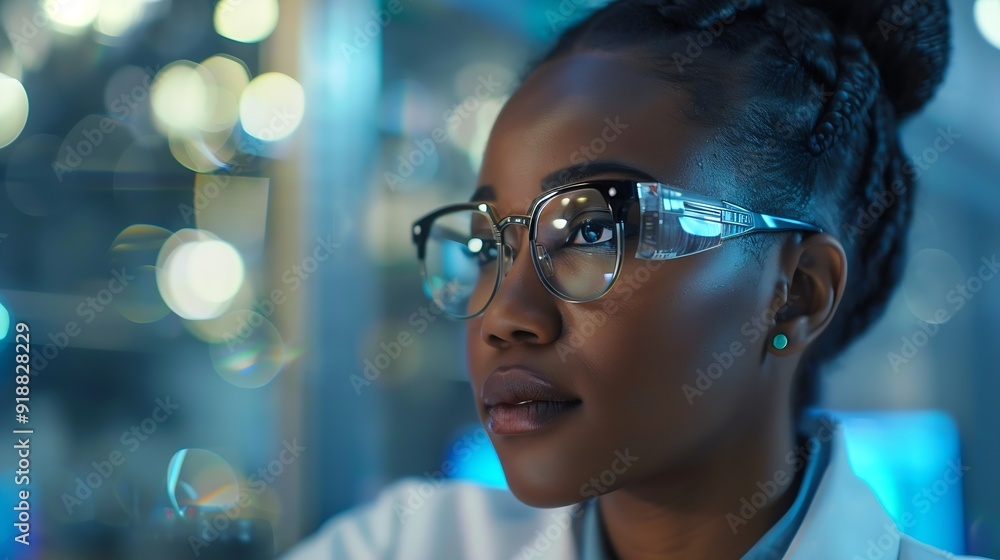 Poster a focused african american woman scientist working on a computer in a laboratory setting : generativ