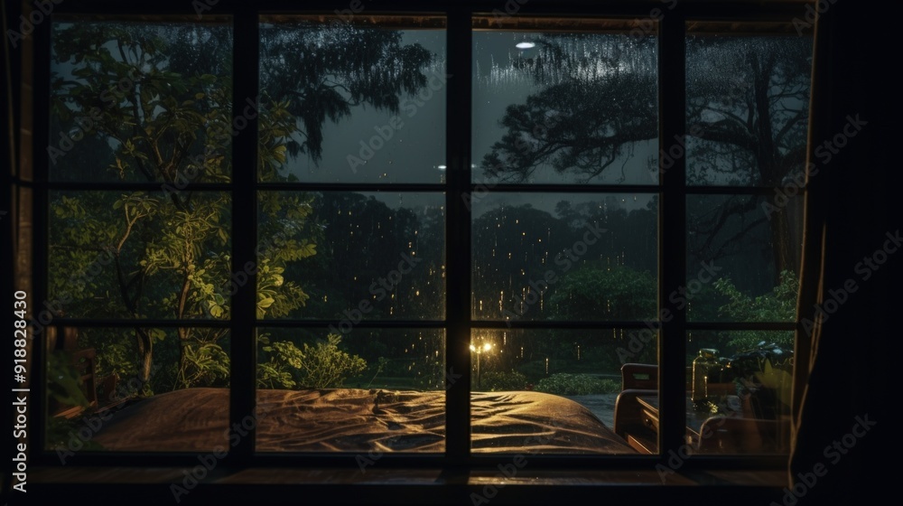 Poster a view from a window at night of a bed in the dark with rain drops on the window pane and lights out