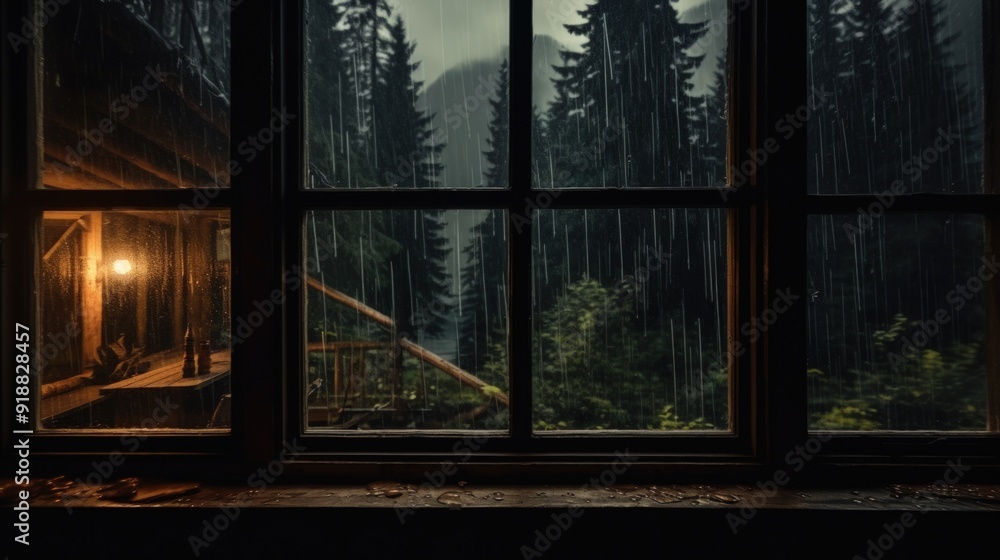 Poster a view of a rainy forest from a window in a cabin with a dim light illuminating the interior.