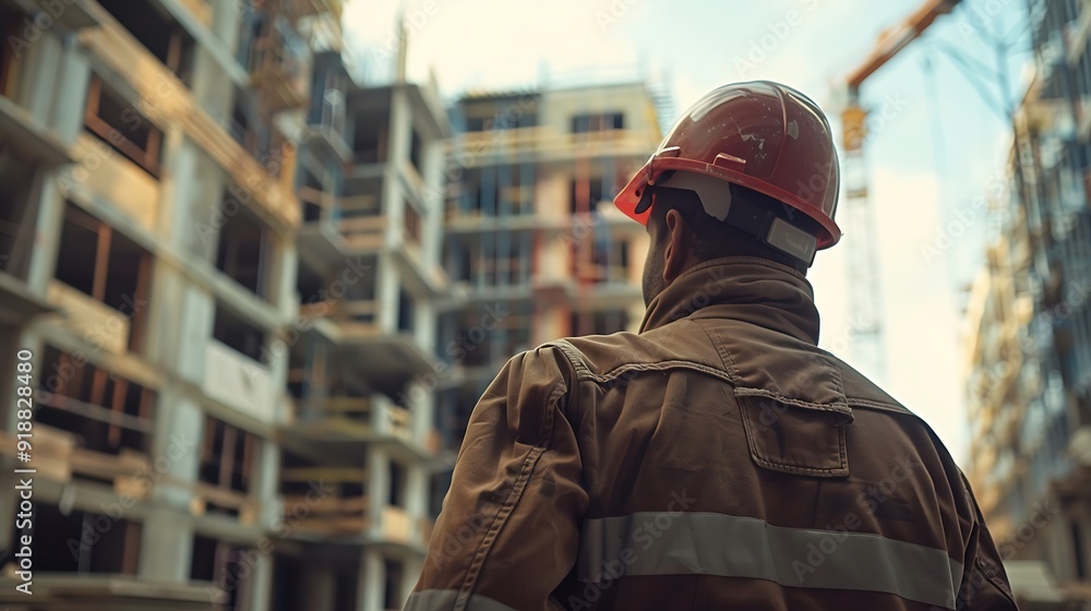 Poster Man checking work process on construction site working : Generative AI
