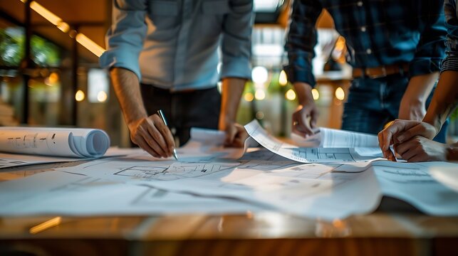 Multiracial group of architects gathering at table with papers and blueprints while sharing ideas about new project they are working on Innovation project and green renewable energy Co : Generative AI