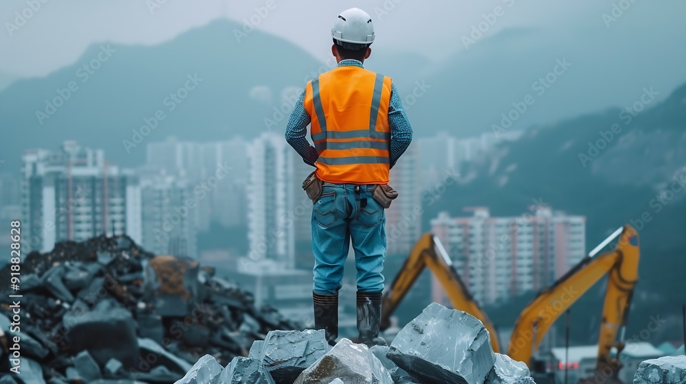 Leinwandbilder Man construction engineer wears helmet ensure safety when working in construction zone standing on pile rocks looking checking for completeness in case there is error so that it can be : Generative AI