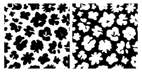 Ink Brush Black Flower Pattern. Abstract Paint Floral Illustration. Pictorial Bold Botanical Summer Background. Wild Cute Flower Wallpaper. Vector Vintage Floral Print. Daisy, Chamomile Silhouette