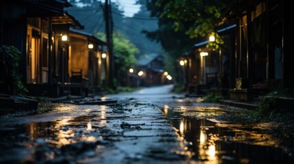 A wet cobblestone street in a small village, lit by warm street lamps.