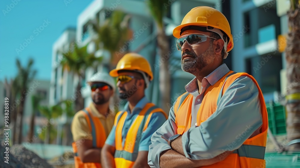 Poster a team of construction engineers talks to managers and construction workers at the construction site