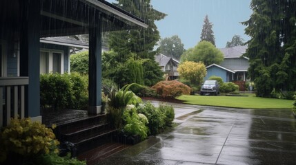 A wet porch and driveway of a home on a rainy day.