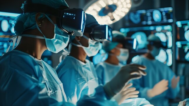Multiethnic surgeons in AR headsets work in hightech operating room Medical professionals using AI virtual holographic display 3D graphics of health monitors and human organs Future of : Generative AI