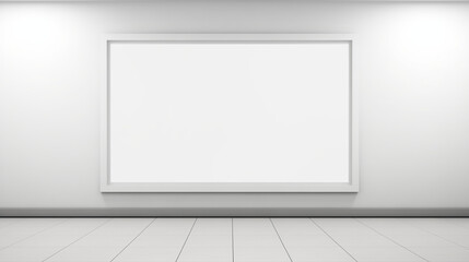 A spacious gallery features a large white canvas in a simple frame, inviting creative thoughts and interpretations, copy space