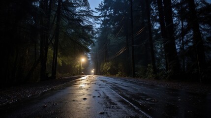 A wet, dark, and foggy forest road with a street lamp shining in the distance.