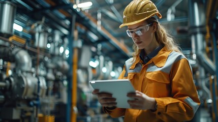 A diligent quality supervisor in hygienic workwear uses a tablet to monitor and manage operations on a manufacturing factory floor : Generative AI
