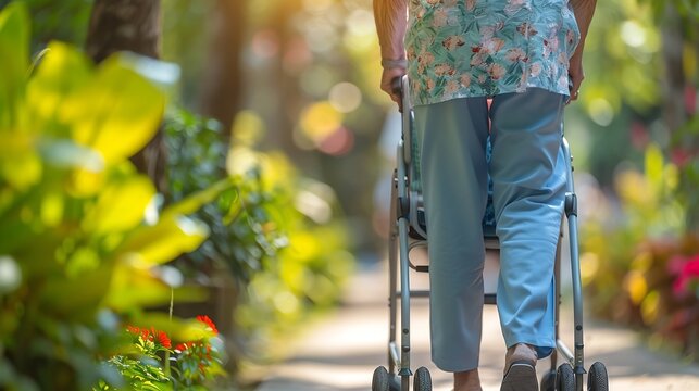 Nurse senior woman and help on walker for support rehabilitation or medical healthcare outdoor Happy caregiver walking frame and person with disability at retirement home for recovery  : Generative AI