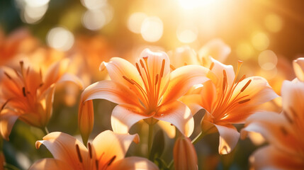 Fototapeta premium Vibrant orange lilies flourish in a sunlit garden, showcasing their petals as the warm light enhances their beauty, out of focus