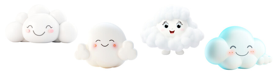 A collection of four cute cartoon clouds with smiling faces and different playful expressions, showcasing fluffy, white designs with pastel shades.