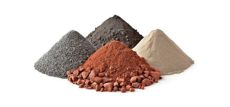 Four piles of different construction materials on a white background. The materials include gravel, sand, clay, and cement.