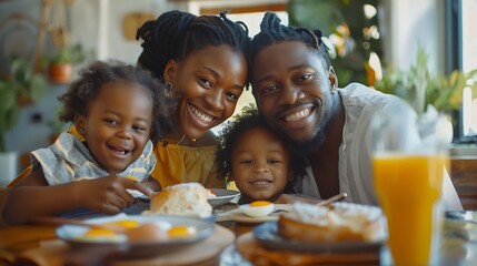 Black family parents and children for breakfast in home with serving bonding and happy in dining room Love mother and father with kids in morning with food eggs and bread for nutrition : Generative AI