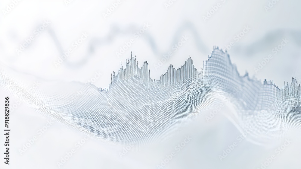 Poster a white background with financial charts and wave patterns.