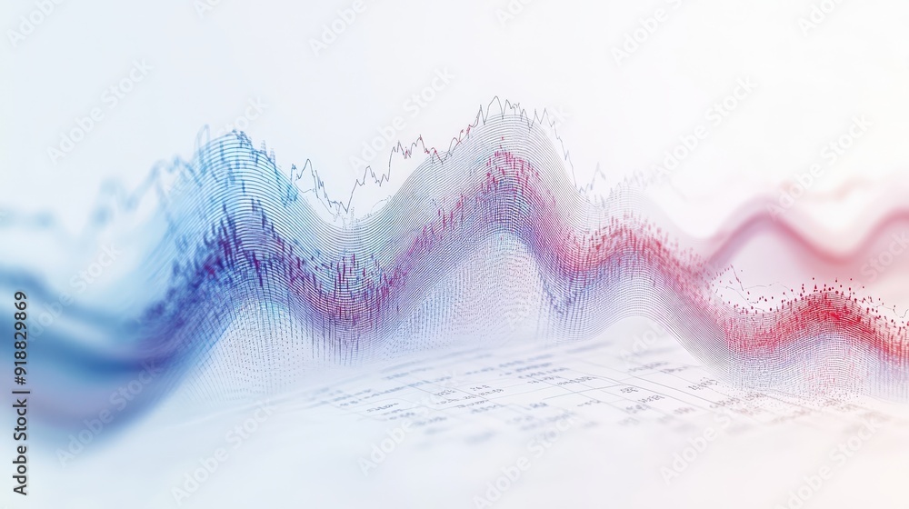 Poster a white background with financial charts and wave patterns.