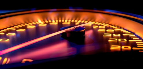 Close up of a speedometer needle approaching the redline, suggesting speed, adrenaline, and the thrill of driving.