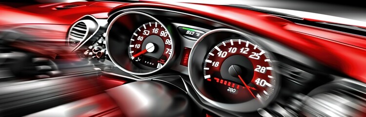 Closeup of the dashboard of a red car, featuring the speedometer, tachometer, and other gauges. The car is in motion.