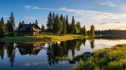 Obraz premium A wooden cabin with a porch sits on the edge of a lake surrounded by trees and green grass.