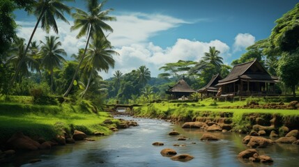 Obraz premium A wooden hut with thatched roof sits by a river in a tropical jungle setting with a bright blue sky and fluffy clouds.