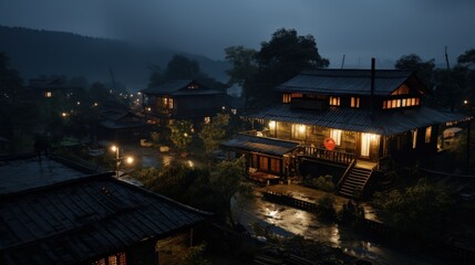 An aerial view of a village at night with rain and lit windows.