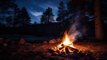 Campfire burning brightly in the forest at night with a starry sky overhead.