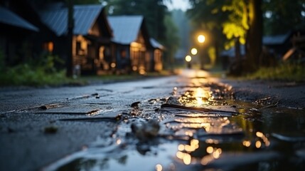 Fototapeta premium Close-up view of a puddle reflecting warm light from streetlamps in the distance, with out-of-focus wooden buildings and green trees on a dark and foggy night.