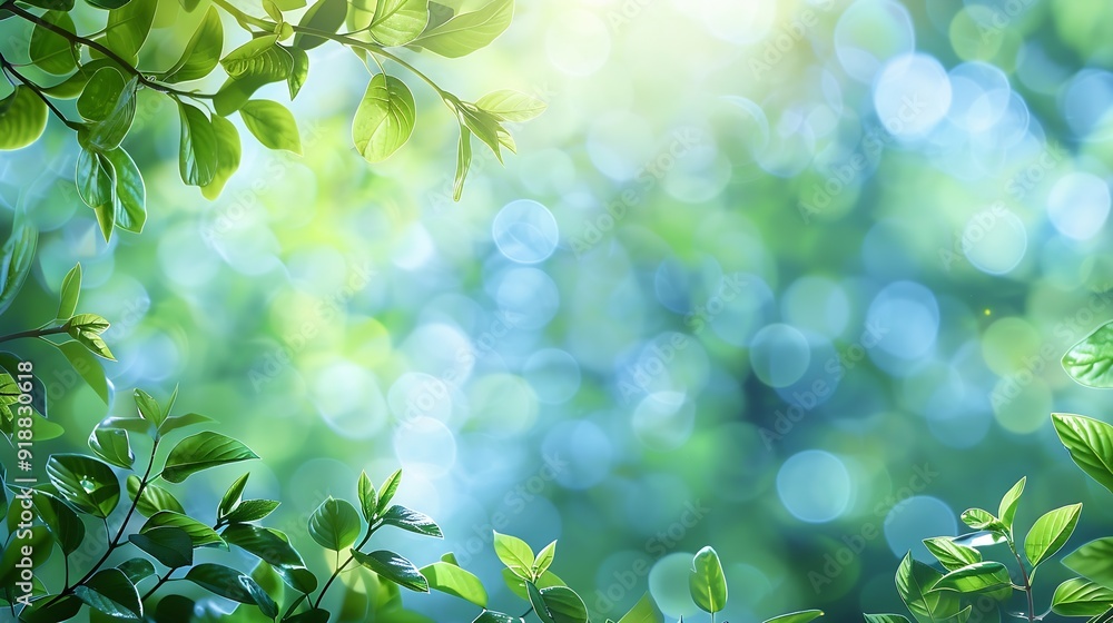 Poster summer background of blue and green blurred foilage and sky with bright bokeh blurry abstract summer