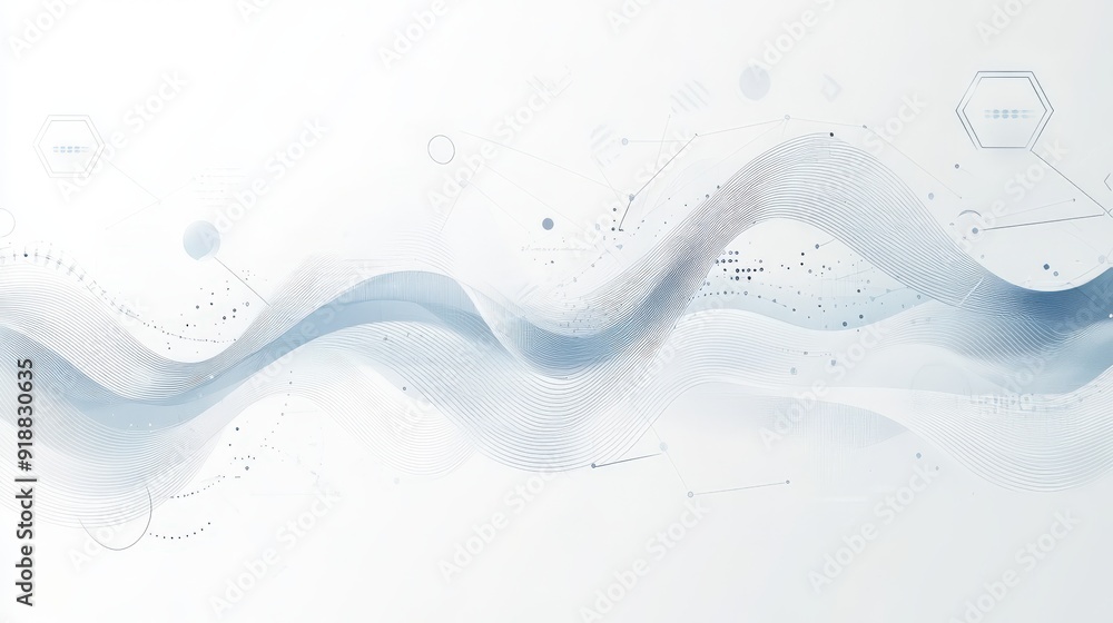 Poster a white background with abstract wave patterns and business symbols.