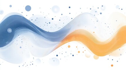A white background with abstract wave patterns and icons.