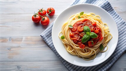 Spaghetti with tomato sauce on a white plate , pasta, Italian cuisine, food photography, meal, dinner, lunch