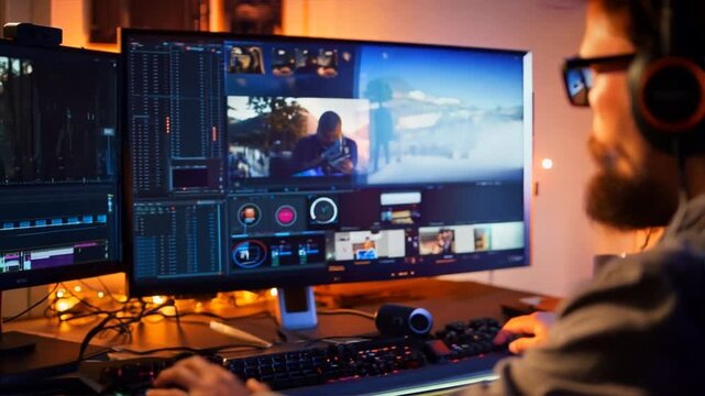 A man is sitting in front of a computer with a pair of headphones on