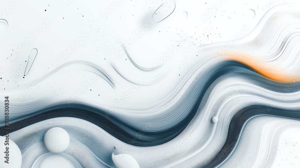 Poster a white background with abstract wave patterns and business symbols.