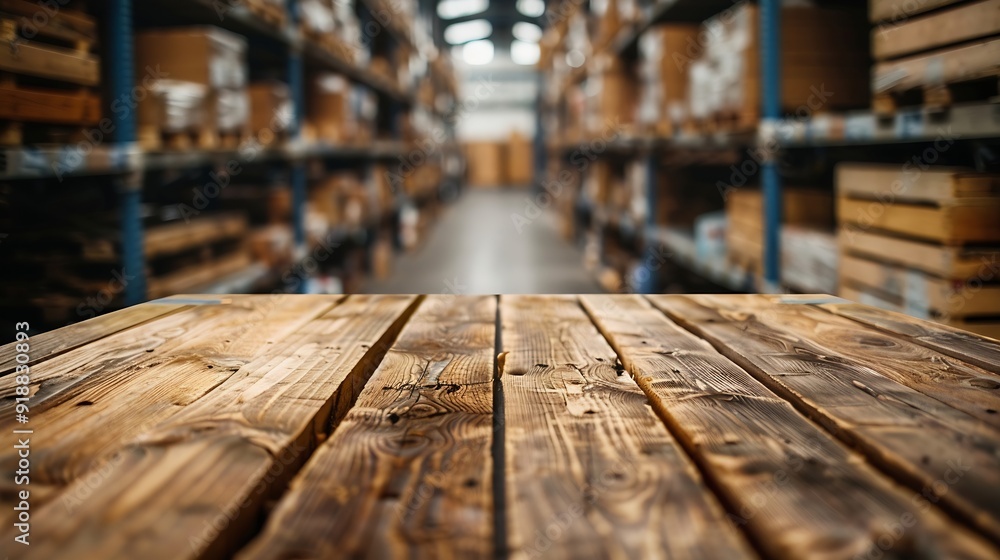 Poster the empty wooden table top with blur background of warehouse storage exuberant image : generative ai