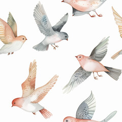 Obraz premium Seamless Pattern of Colorful Birds in Flight Nature, Wildlife, Art, and Illustration