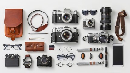 Flat lay composition of photographer's equipment and accessories on white background, including camera, lenses, tripod, memory cards, and editing tools, ideal for travel photography, creative projects