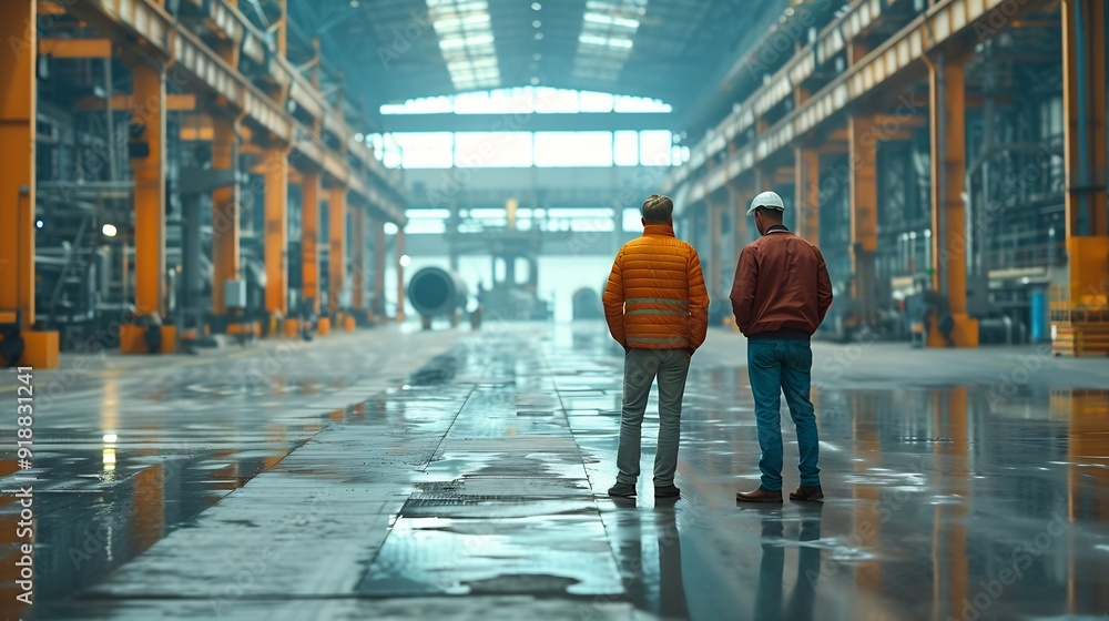 Poster two engineers talking walking across empty factory floor inspecting planning where all the machinery