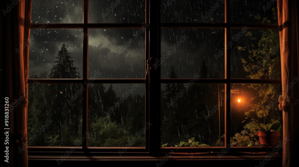 Poster rain falling on a window at night, with a view of a dark forest and a light in the distance.