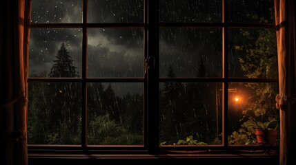 Rain falling on a window at night, with a view of a dark forest and a light in the distance.