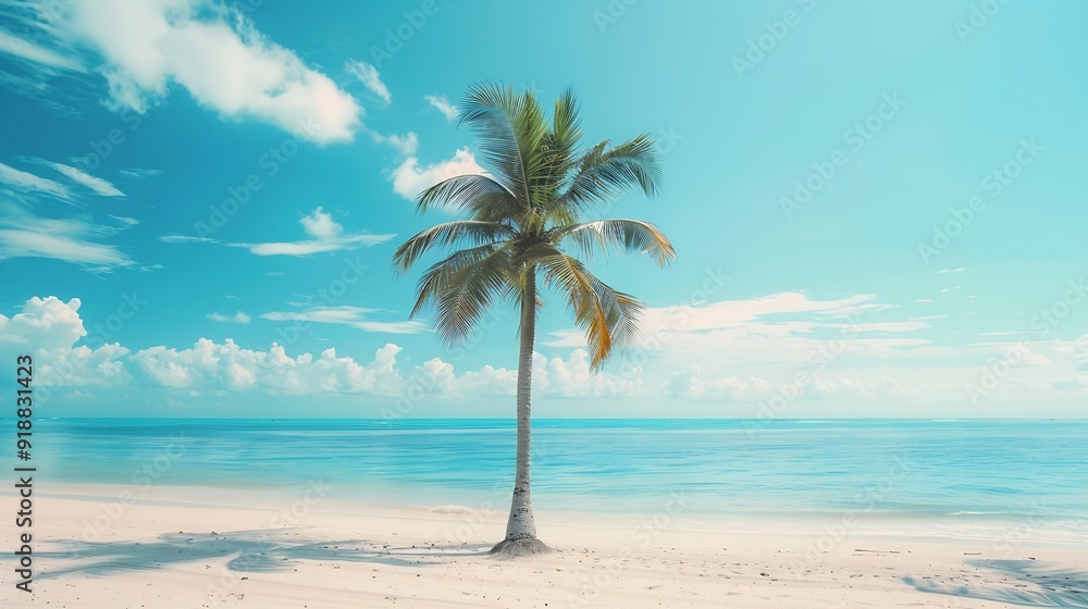 Poster palm tree on tropical beach with blue sky and white clouds abstract background copy space of summer 