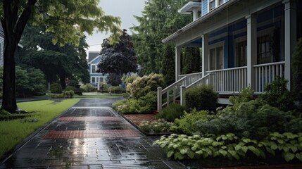 Fototapeta premium Rainy Day on a Residential Street, a Wet Sidewalk and a House with a Porch in the Background.