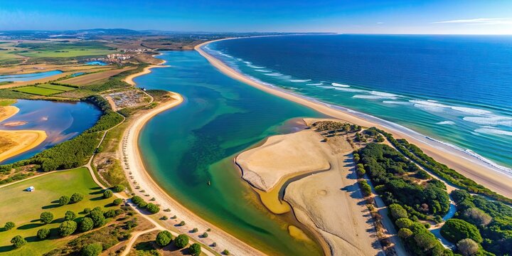 Aerial view of Praia da Fuseta in Algarve, Portugal showcasing fields, lakes, beach, and Atlantic Ocean , drone