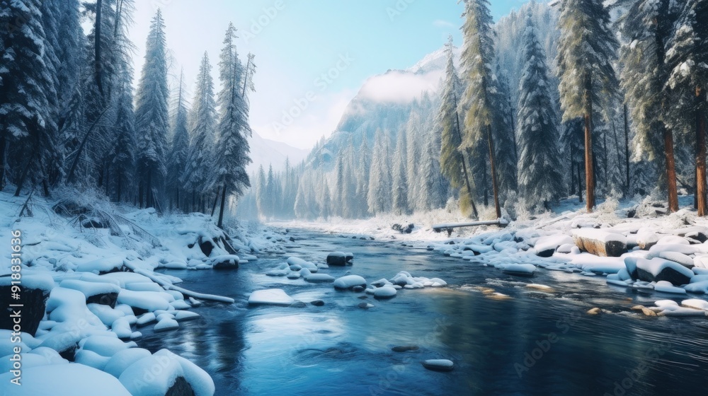 Poster snow-covered trees line a river with a flowing current through a wintery forest.